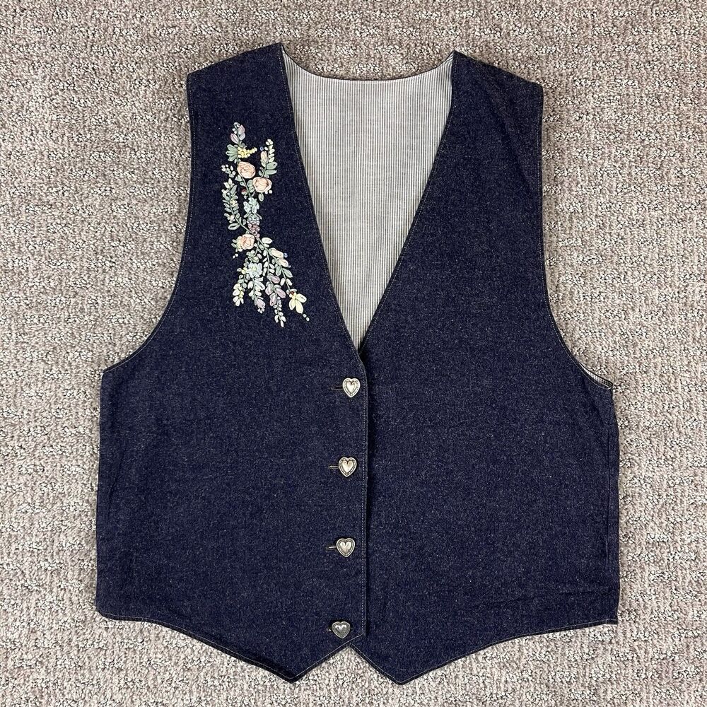 Handmade Vest Womens Medium Chambray Ribbon Embroidered Floral Cottage Retro 90s